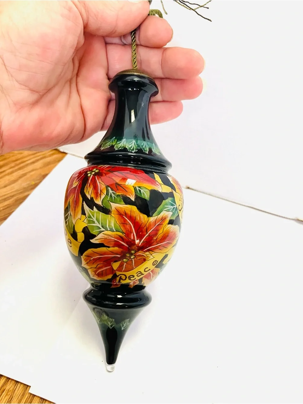 Betty Padden Ne Qwa  Hand Painted Glass Ornament Peace Joy Hope 7in Read